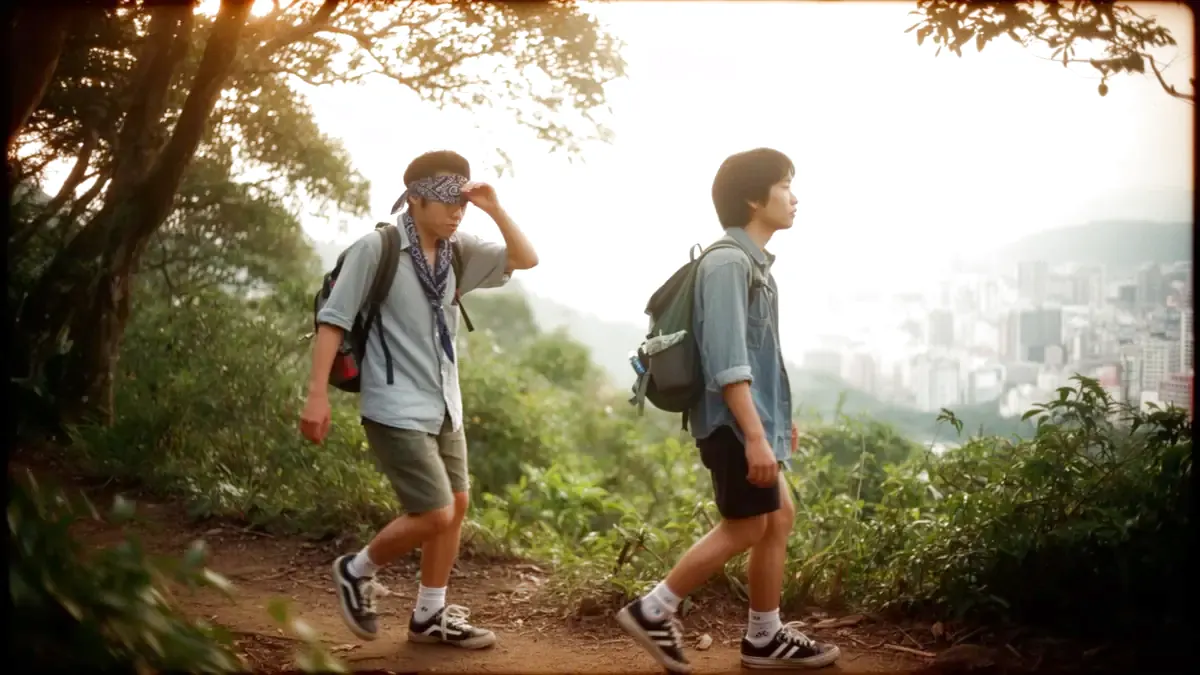 朋友们一起在城郊山道徒步,远处是城市天际线