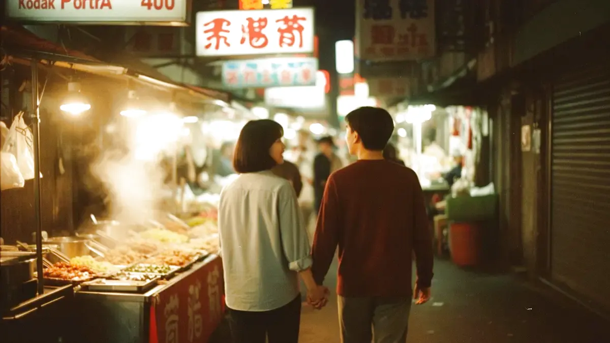 两个人在城市夜景前并肩散步