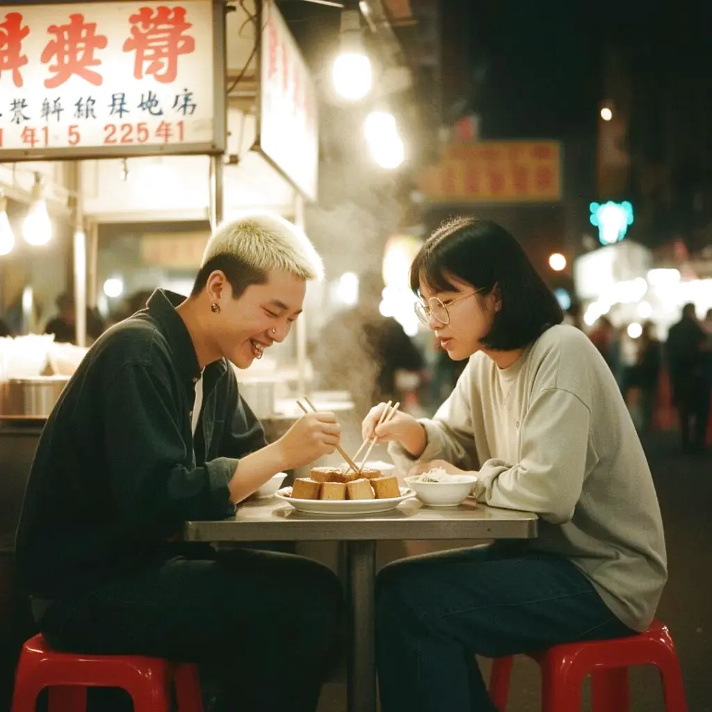 朋友们在城市夜景中散步