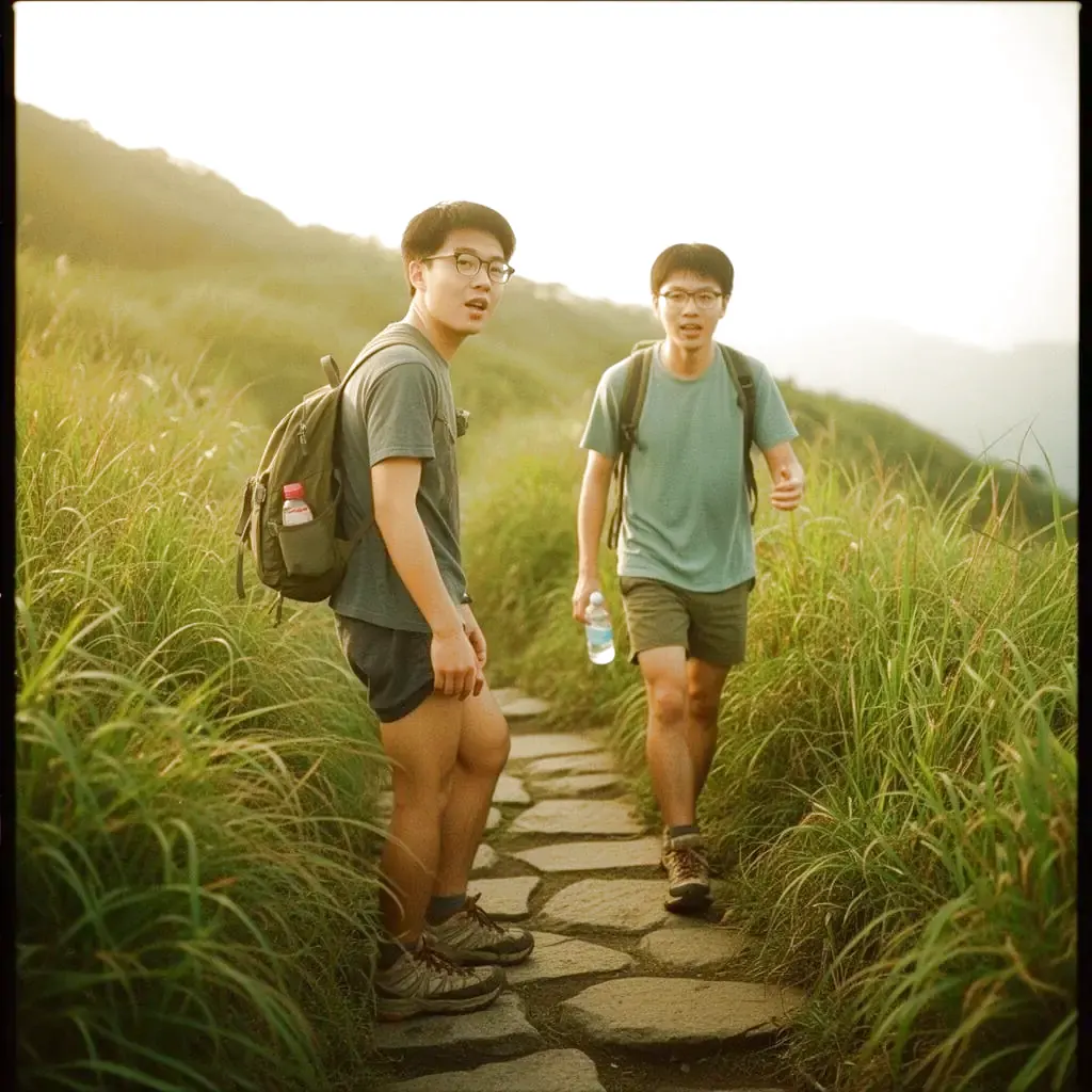 两位男生在山间步道上互相搭把手