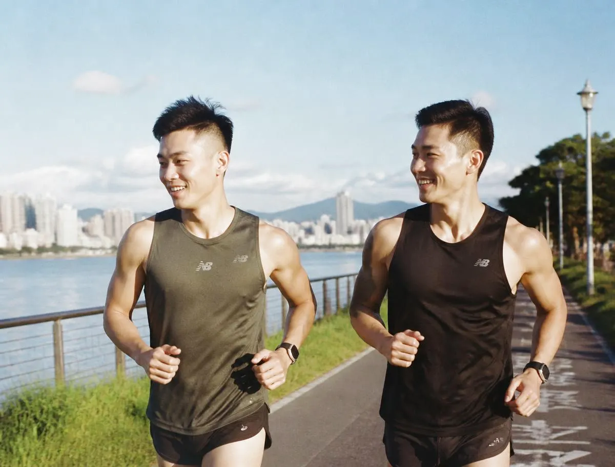 运动伙伴在杭州西湖畔一起晨跑
